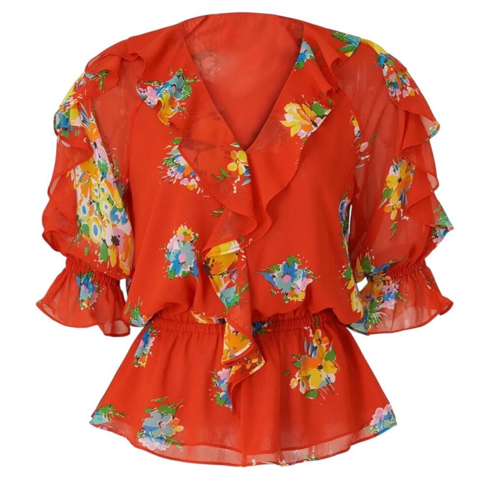 Lauren Ralph Lauren Savianne Peplum Top Red Floral Crepe Ruffles Puff Sleeve S - Picture 3 of 8